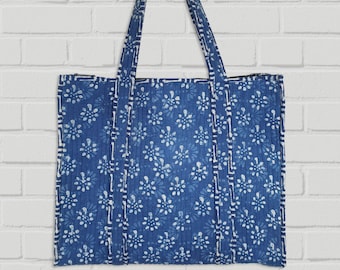 Quilted Tote Bag, Block print on cotton, Indigo floral, Large & sturdy, Chic Shopping bag, beach bag, School or Teacher Bag