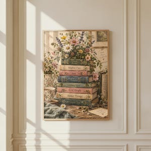 Pode incluir: Uma impressão de arte de parede emoldurada com uma pilha de sete livros de estilo vintage, encimada por um buquê colorido de flores silvestres. As lombadas dos livros exibem textos como Good Books, Brighter Days, And, Happier Thoughts, Calmer Mind, Kind People, Better Things.