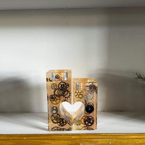 Pair of heart tea light holders gold and clock cogs steampunk