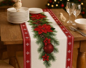 Christmas Table Runner – Red & White Holiday Decor, Festive Winter Table Decoration for Home