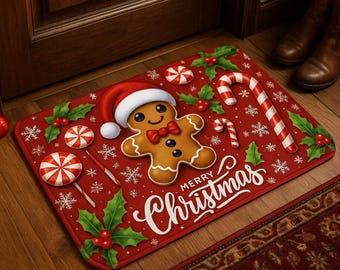 Christmas Gingerbread Doormat – Festive Holiday Welcome Mat with Candy Canes & Merry Christmas Design