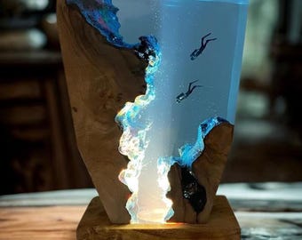 Handmade Resin and Wood Ocean Lamp – Unique Table Lamp with LED Light and Diver Scene – Natural Home Decor Gift