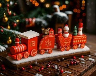 Wooden Christmas Train Decoration | Green Holiday Train with Santa, Snowman & Gifts | Handcrafted Christmas Ornament for Table or Mantel