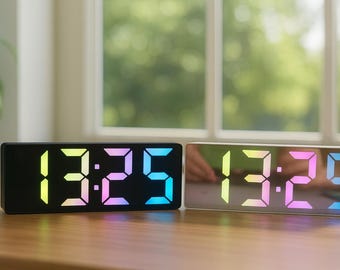LED Digital Alarm Clock with Voice Control, Mirror Display, Date & Temperature, Colorful Numbers, Night Mode, USB/Battery Powered