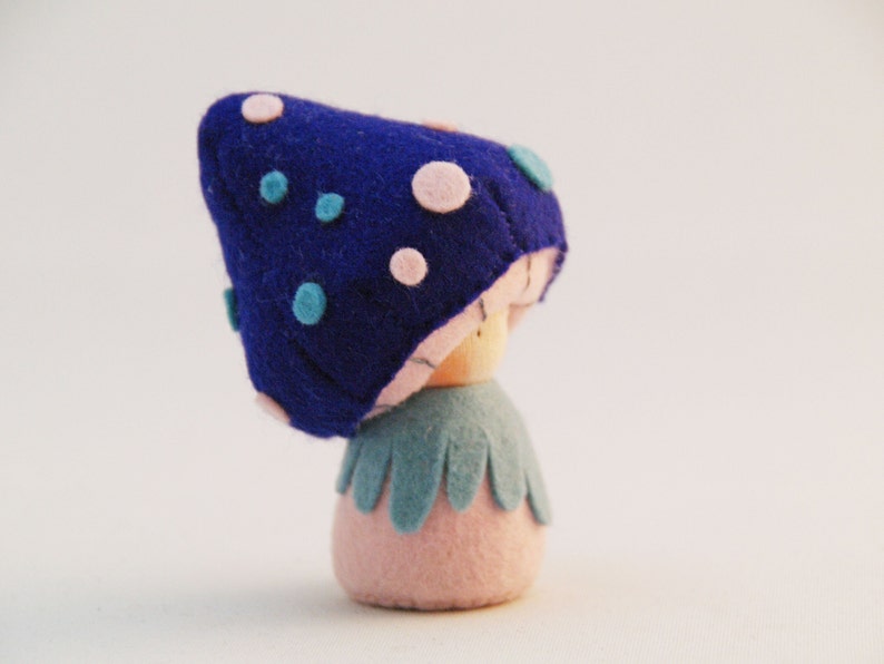 Felt pocket doll, felt mushroom, Toadstool, Creative playthings, organic toy, Blue Cybian image 4