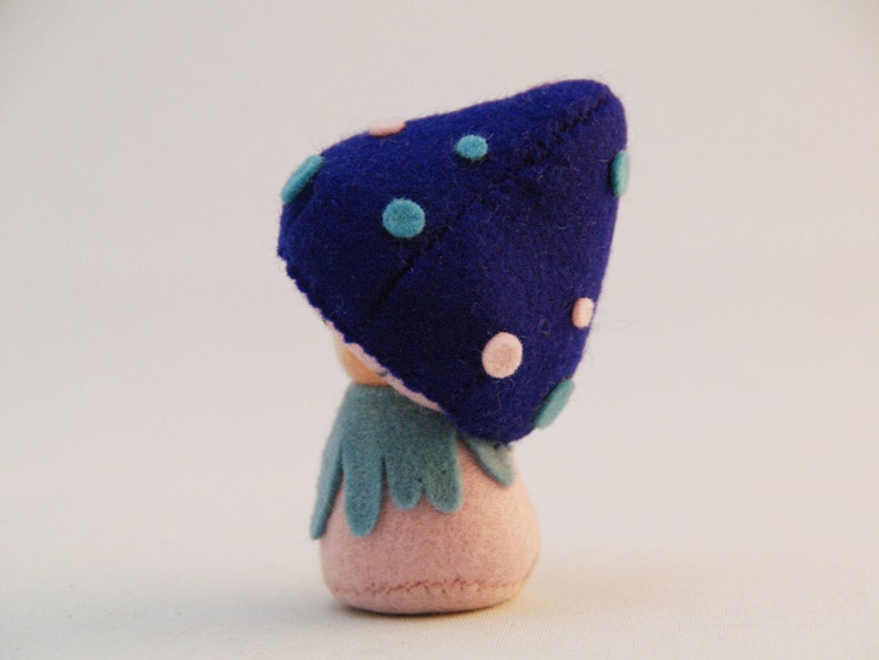 Felt pocket doll, felt mushroom, Toadstool, Creative playthings, organic toy, Blue Cybian image 6