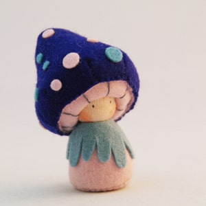 Felt pocket doll, felt mushroom, Toadstool, Creative playthings, organic toy, Blue Cybian image 2
