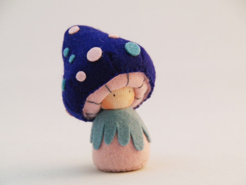 Felt pocket doll, felt mushroom, Toadstool, Creative playthings, organic toy, Blue Cybian image 2