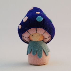 Felt pocket doll, felt mushroom, Toadstool, Creative playthings, organic toy, Blue Cybian image 3