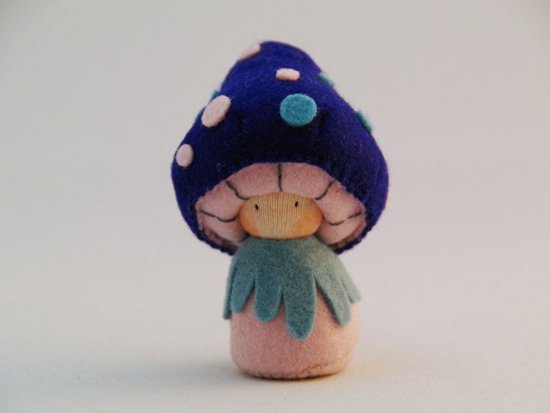 Felt pocket doll, felt mushroom, Toadstool, Creative playthings, organic toy, Blue Cybian image 3