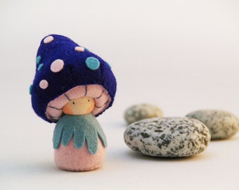 Felt pocket doll, felt mushroom, Toadstool, Creative playthings, organic toy, Blue - Cybian