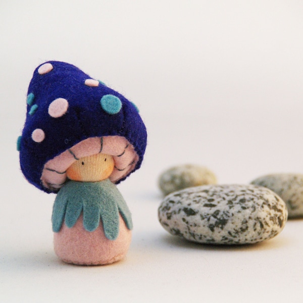 Felt pocket doll, felt mushroom, Toadstool, Creative playthings, organic toy, Blue - Cybian