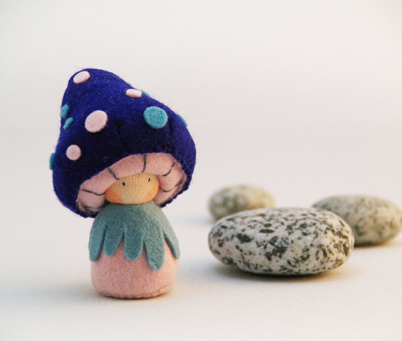 Felt pocket doll, felt mushroom, Toadstool, Creative playthings, organic toy, Blue Cybian image 1