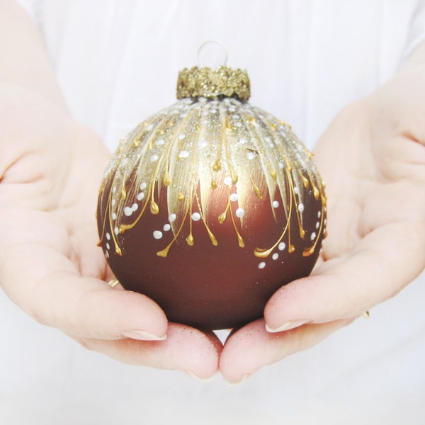 Faberge Inspired Christmas Ornament - Woodland Brown || Christmas ornament, Christmas tree ball, glass bauble, glass ornaments, hand painted