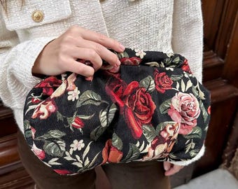 Handmade Jacquard Clutch | Vintage Rose Floral Bag with Chain