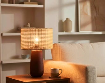 Choco-lamp: keramische tafellamp met lampenkap van natuurlijk rotan, boho-bedlamp, moderne interieurverlichting
