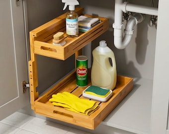 Wooden 2 Tier Slide Out Under Sink Organizer | Home Organization | Space Saving Storage | Cleaning Storage | Under Sink Rack | Under Cabinet