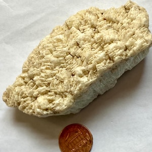 May include: A light-colored, textured mineral specimen with a crystalline structure. The mineral is a light beige color and has a rough, uneven surface. A copper one-cent coin is next to the mineral for size comparison.
