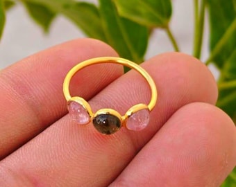 Handmade Gold Plated Sterling Silver Multi Tourmaline Ring, Size 7
