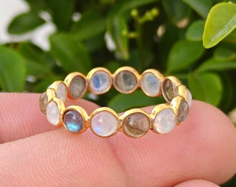 Natural Rainbow Moonstone & Labradorite Gemstone Eternity Ring, Sterling Silver Ring, Gold Plated Ring, 1.95 Gram Silver Jewelry Ring