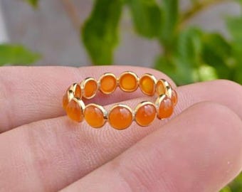 Carnelian Gemstone Eternity Ring, Gold Plated Sterling Silver, Size 8