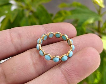 Natural Larimar Gemstone Ring, Gold Plated Sterling Silver Band, Size 8
