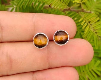 Natural Tigers Eye Gemstone Stud Earrings, Sterling Silver, 1.60 Grams, Handmade Jewelry