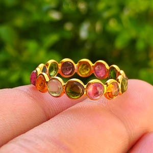 Handmade Multi Tourmaline Gemstone Eternity Ring, Gold Plated Sterling Silver