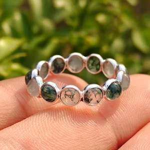 Moss Agate Gemstone Eternity Ring, Sterling Silver Handmade Jewelry
