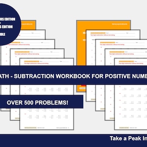 以下が含まれることがあります： 500以上の問題を含む、引き算の数学ワークブックのバンドル。ワークブックには、インストラクター版と生徒版が含まれています。「Math - Subtraction Workbook for Positive Numbers」というテキストが表示されています。