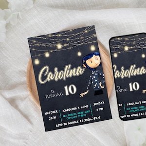May include: A dark blue invitation with the name "Carolina" and the number "10" in a whimsical font, along with event details. A smartphone displays the same design. The invitation features a cartoon character and string lights.