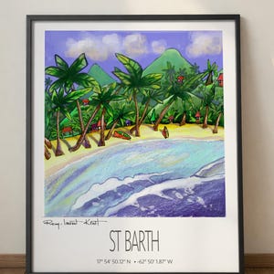 May include: Framed art print depicting St. Barth, showing a beach with palm trees, small houses, and a mountain. The artwork is in a colourful, hand-drawn style, with the text "ST BARTH" and coordinates at the bottom.