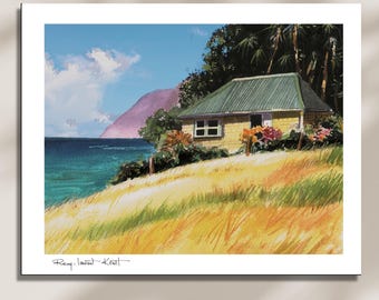 May include: Watercolor painting of a yellow cottage with a green roof on a grassy hillside overlooking the ocean. The sky is blue with fluffy white clouds. Colorful flowers and trees surround the cottage. The artist's signature is at the bottom.