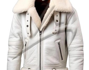 May include: A white leather jacket with a cream-colored shearling collar and lining. The jacket features a zip-up front, multiple pockets, and buckle details. The sleeves have ribbed detailing. A classic winter outerwear piece.