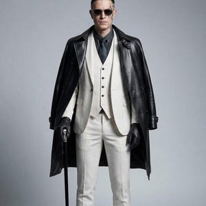 Pode incluir: Um sobretudo de couro preto usado sobre um fato branco de três peças composto por blazer, colete e calças. O conjunto inclui uma camisa cinzento-escura, uma gravata escura, luvas de couro preto, óculos de sol escuros e uma bengala preta.