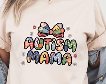 Autism Mama DTF Transfer, Patchwork Bow Design, Ready to Press
