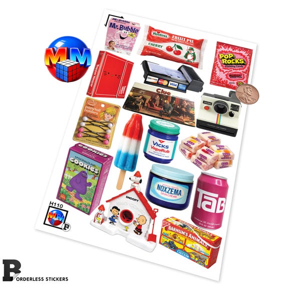 Borderless 80s Nostalgia Sticker Sheet – Retro Toys, Snacks & Childhood Favorites, Glossy Vinyl