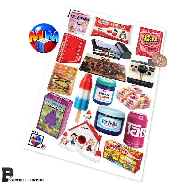 Borderless 80s Nostalgia Sticker Sheet – Retro Toys, Snacks & Childhood Favorites, Glossy Vinyl