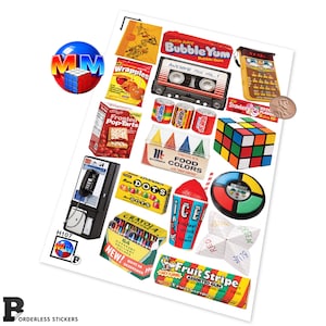 Borderless 80s Nostalgia Sticker Sheet – Retro Toys, Snacks & Games, Glossy Vinyl
