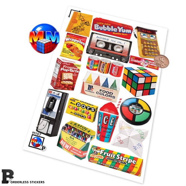 Borderless 80s Nostalgia Sticker Sheet – Retro Toys, Snacks & Games, Glossy Vinyl