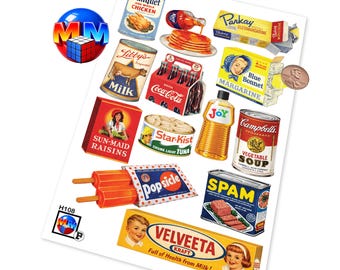 Borderless 80s Nostalgia Sticker Sheet – Retro Grocery Foods & Vintage Packaging, Glossy Vinyl