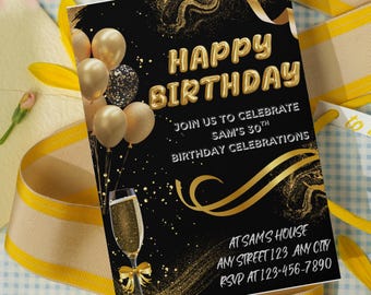 Black Gold Birthday Invitation | Editable Birthday Party Invite | Elegant Black & Gold Template |  Birthday Card | Canva Instant Download