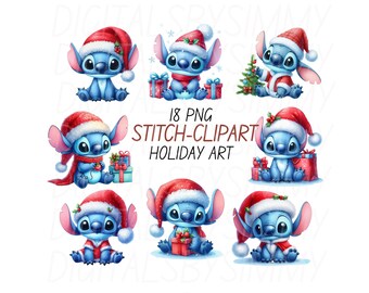 Clipart natalizie Kawaii Stitch / Vacanze aliene blu, set PNG Stitch (download digitale)