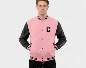 Custom Letterman Pink and Black varsity jacket original wool and leather sleeves (Unisex) The Bextar