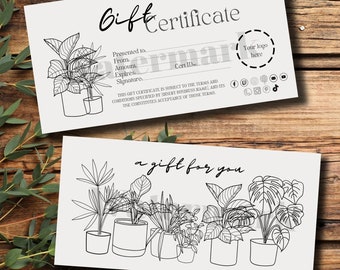 Gift Certificate Template - Plant Drawing in English and Spanish (Printable, Editable, Customizable, Minimalism, Lines, Plants, Neutral)