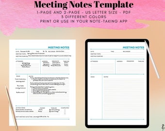 Meeting Notes Template, Office Notes, School Notes, Quick Meeting Notes, Project Meeting Notes, Easy to Use Printable and Digital