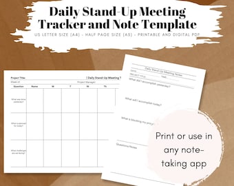 Daily Stand-Up Meeting Tracker and Notes Template (Printable and Digital, Notetaking Template Agile Scrum Project Management, A4 and A5)