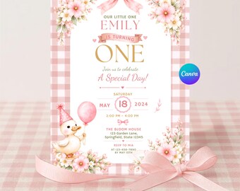 Sjabloon eerste verjaardagsuitnodiging One Silly Goose, bewerkbare canvas meisje 1e verjaardagsuitnodiging, roze bloemen eend verjaardagsuitnodiging