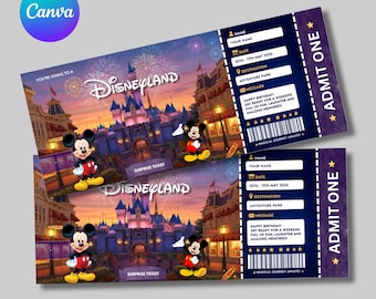 Surprise Disneyland-ticketsjabloon, Disney World Vacation Reveal-ticket, bewerkbare canva-reisvoucher, afdrukbare cadeaupas