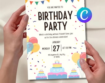 Sjabloon voor een verjaardagsfeestuitnodiging, bewerkbare Canva-verjaardagskaart, printbare verjaardagskaart, digitale uitnodiging voor een kinderfeestje, 5x7 inch